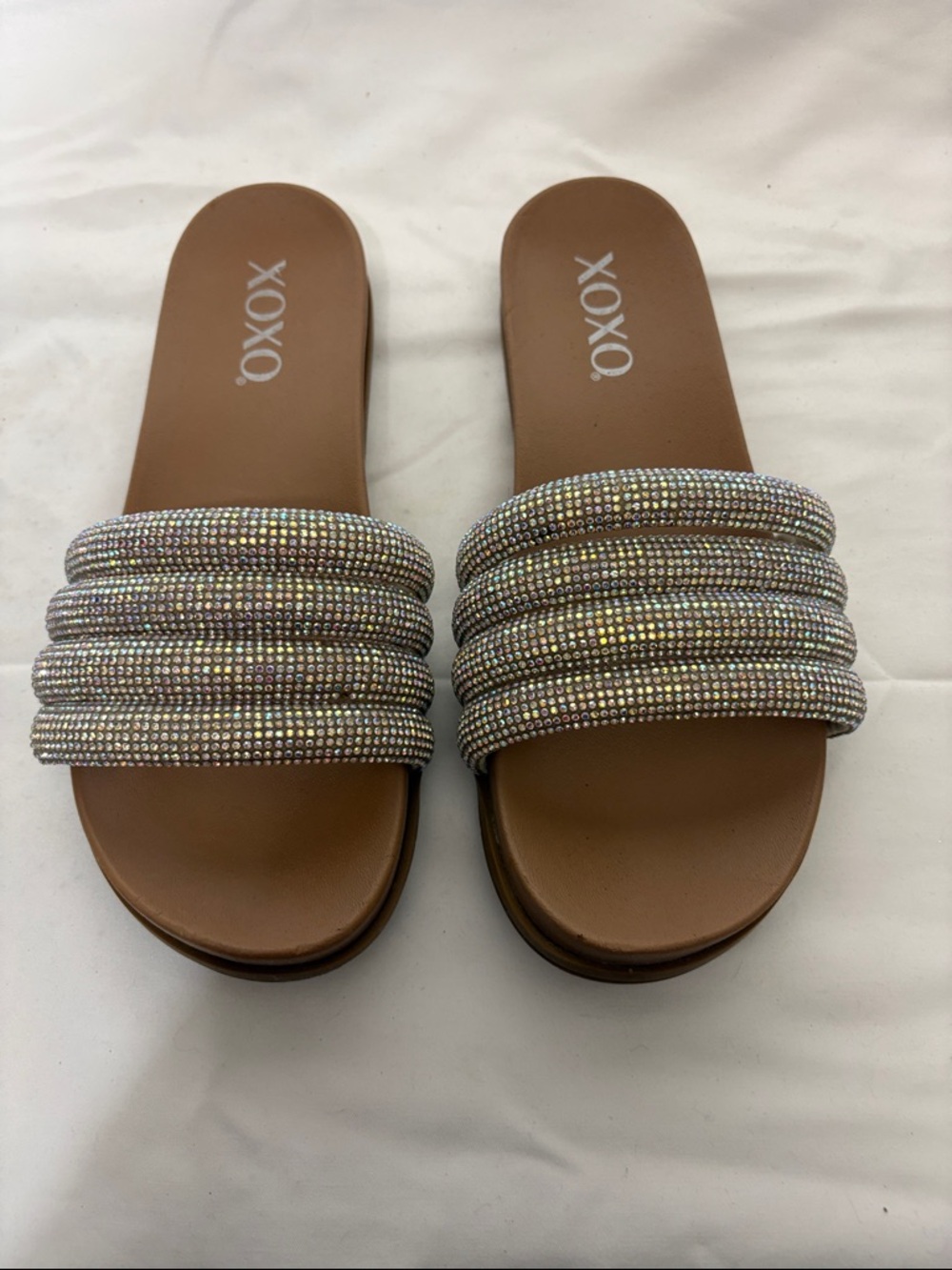 XOXO Tan Slide Sandals with Iridescent Crystal-Strap Detail